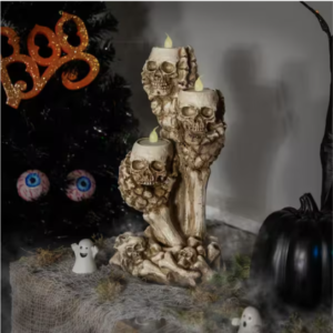 12-Inch Triple Skulls Halloween Tea Light Candle Holder – Skull & Bones Tabletop Decor
